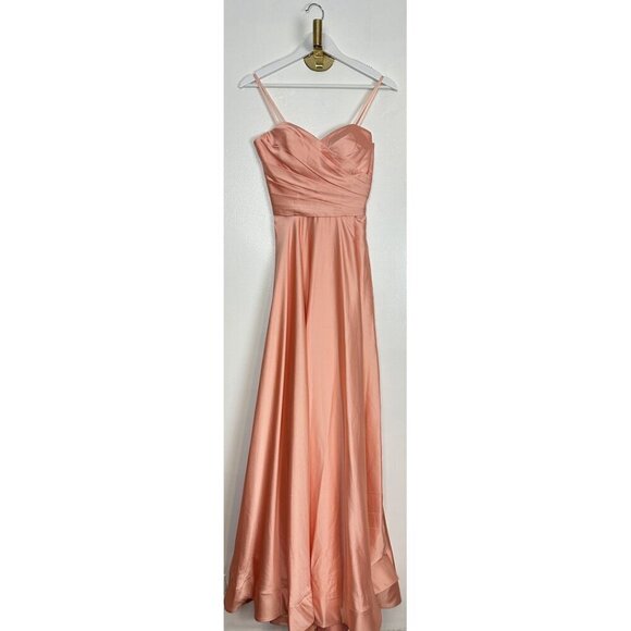 LA FEMME Strapless Slit Satin Ballgown in Peach Size US 0 - Picture 4 of 9